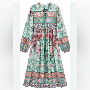 R.Vivimos Women's Long Sleeve Floral Print Retro V Neck Tassel Bohemian Midi XL